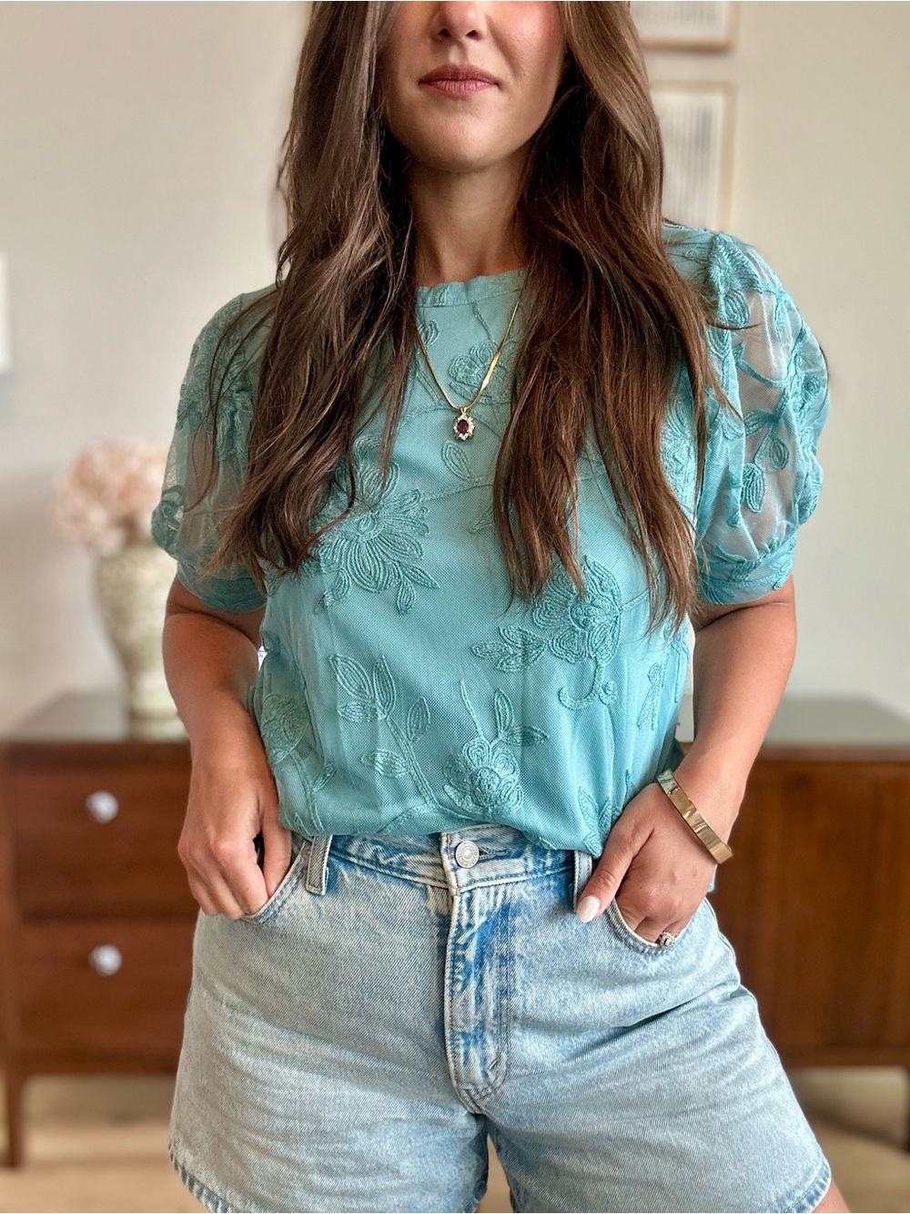 Kim & Cami Embroidered Mesh Floral Blouse Teal Puff Sleeve Top Size Large
